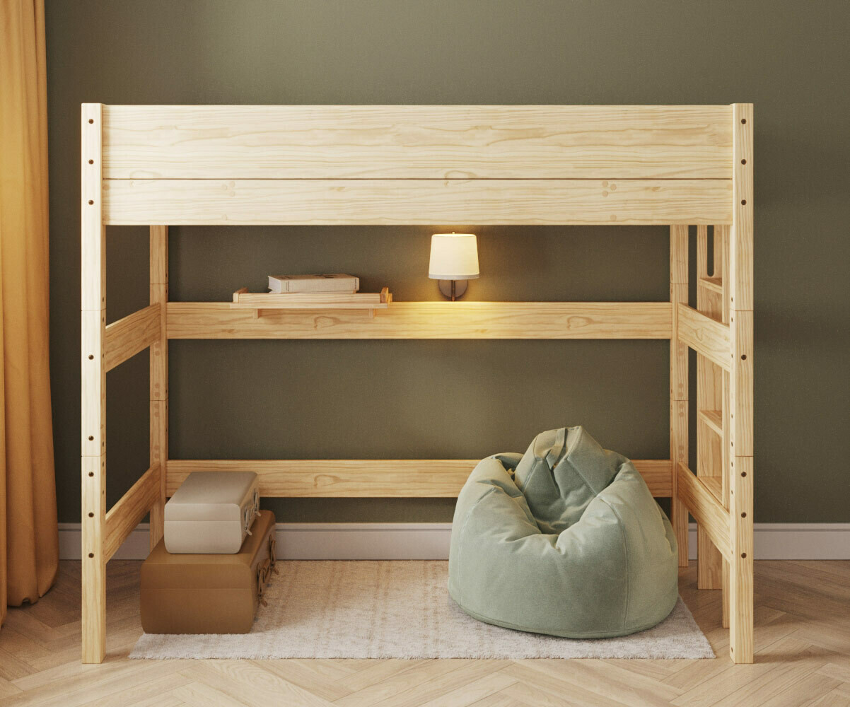 PROMO ! Lit mezzanine enfant avec matelas Combeebed Bois naturel 90x200 cm Echelle petit côté Hauteur 188 cm Matelas Airfresh 15 cm