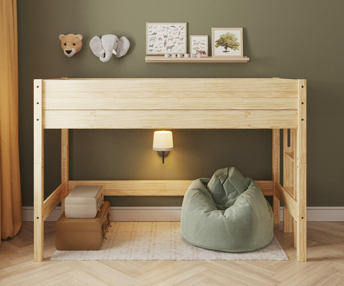 PROMO ! Lit mezzanine enfant avec matelas Combeebed Bois naturel 90x200 cm Echelle petit côté Hauteur 142 cm Matelas Airfresh 15 cm