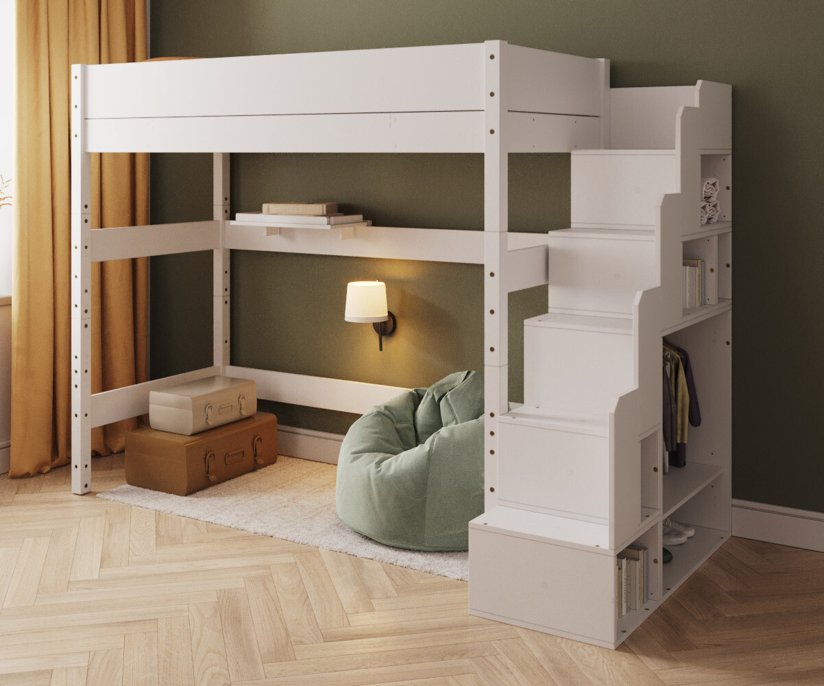 PROMO ! Lit mezzanine enfant avec escalier Combeebed Blanc 90x200 cm Hauteur 188 cm