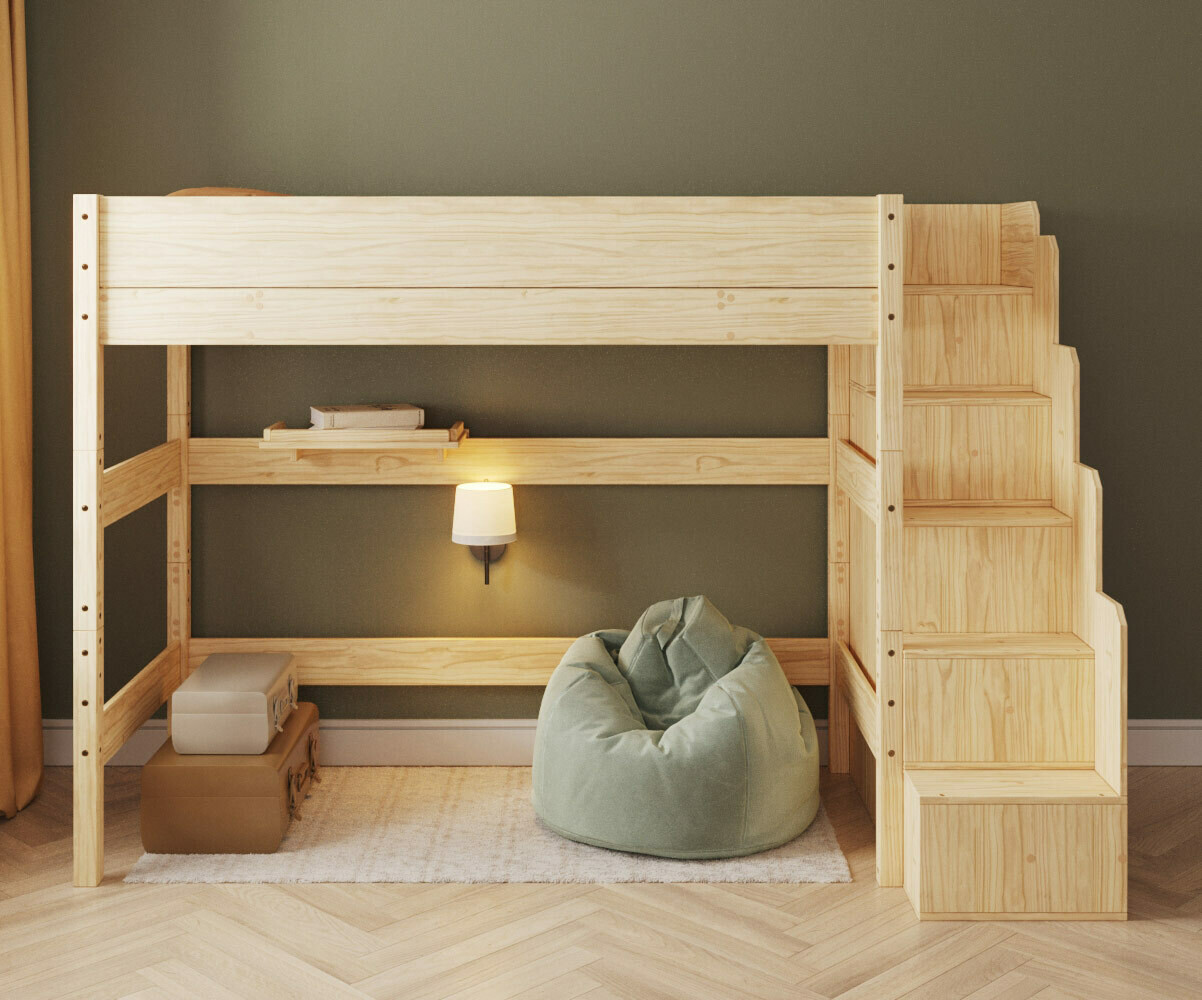 PROMO ! Lit mezzanine enfant avec escalier et matelas Combeebed Bois naturel 90x200 cm Hauteur 177 cm Matelas Norway 13 cm