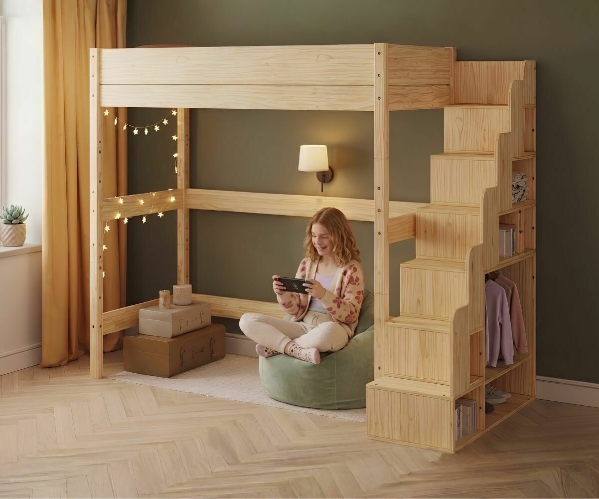 PROMO ! Lit mezzanine XL enfant avec escalier et matelas Combeebed Bois naturel 90x200 cm Matelas Airfresh 15 cm