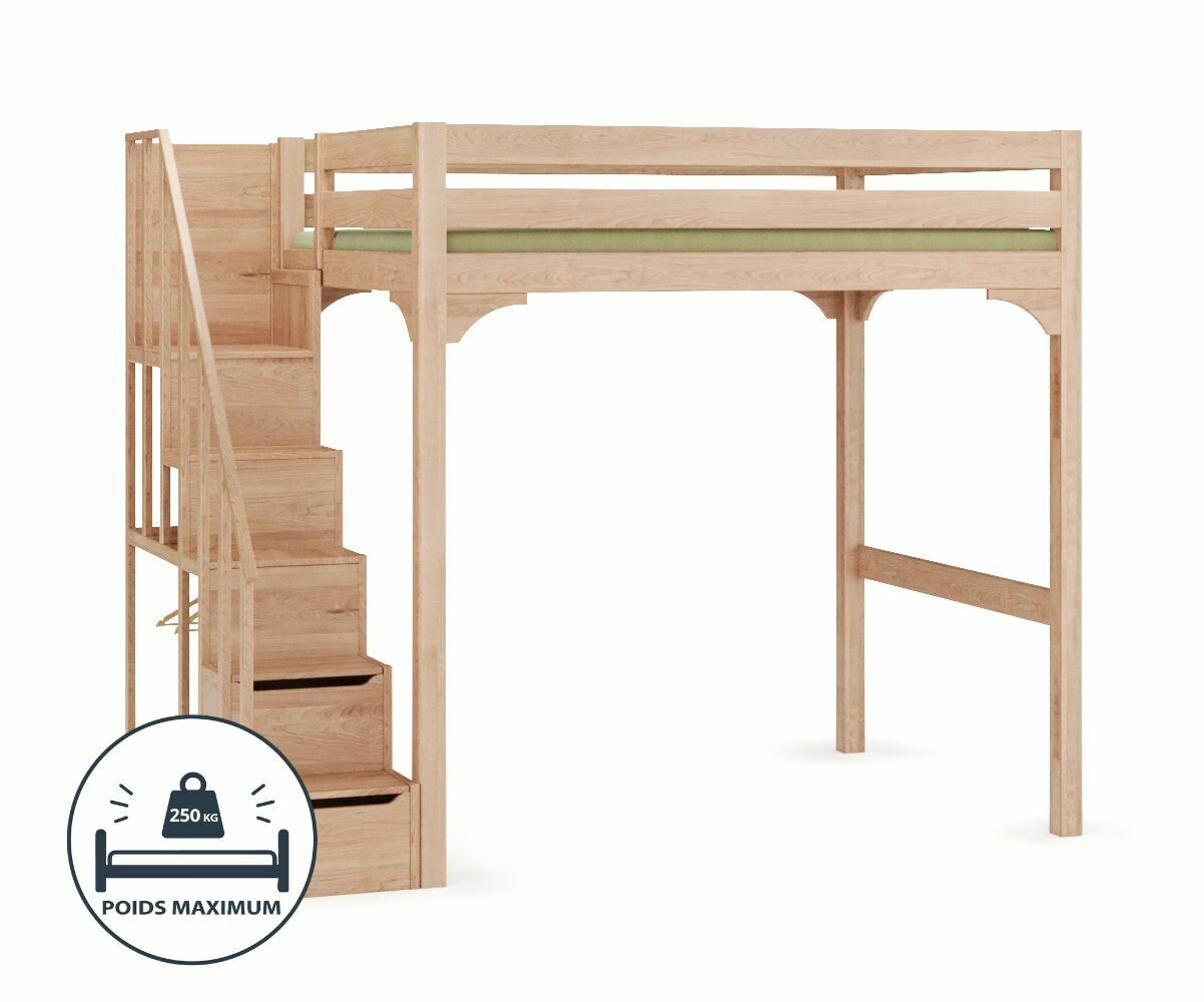 PROMO ! Lit mezzanine ado avec escalier et matelas Neva Hêtre 160x200 cm/Opt:Escalier gauche
