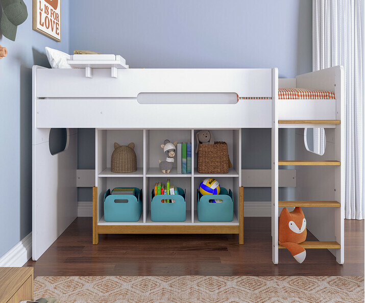 Lit Enfant Mi-hauteur Spark Blanc et Htre 90 x 200 cm avec casier de rangement Kaos 6 cases(en option)
