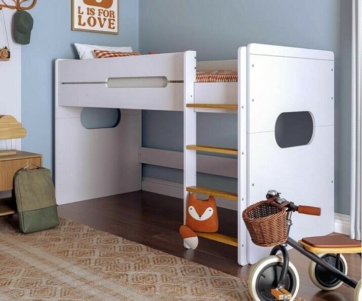 Lit Enfant Mi-hauteur Spark Blanc et Htre 90 x 200 cm avec cube de rangement en avant (en option)