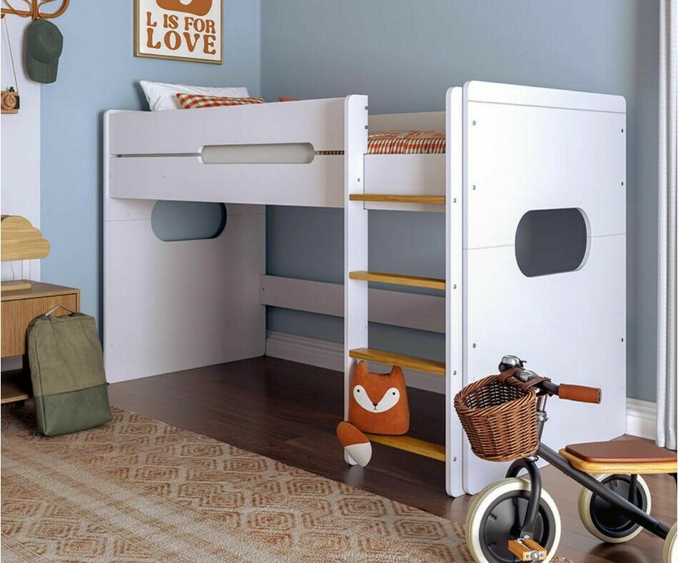 Lit Enfant Mi-hauteur Spark Blanc et Htre 90 x 200 cm avec cube de rangement en avant (en option)