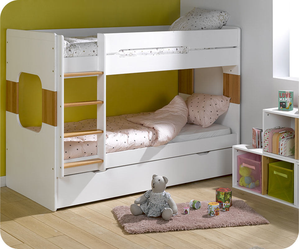 Lit Superposé Enfant Spark Blanc et Hêtre Naturel 90x200 cm