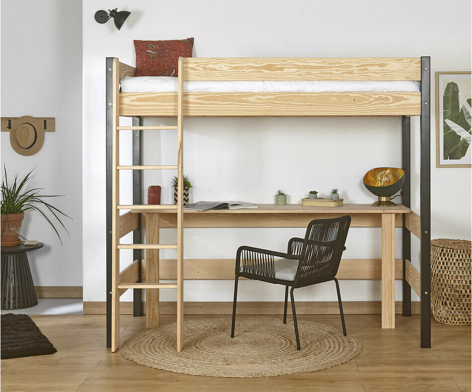 Lit mezzanine Clay noir et bois (bureau en option)