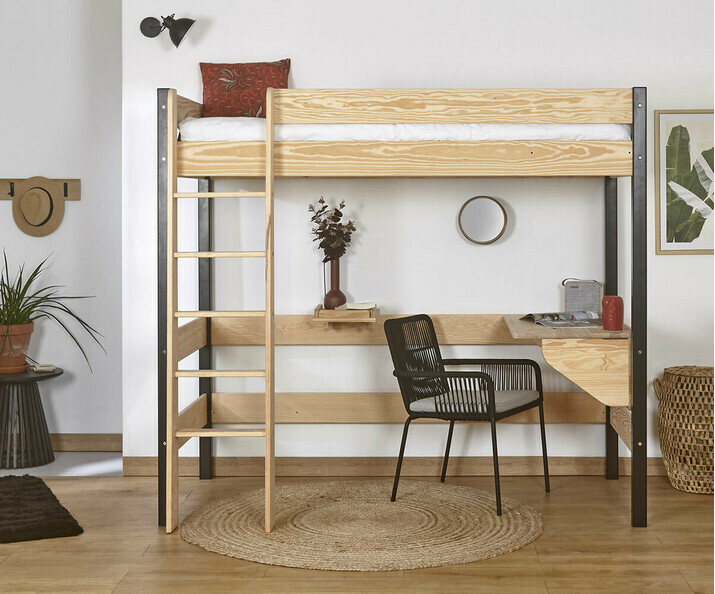 Lit mezzanine Clay noir et bois (bureau rabattable en option)