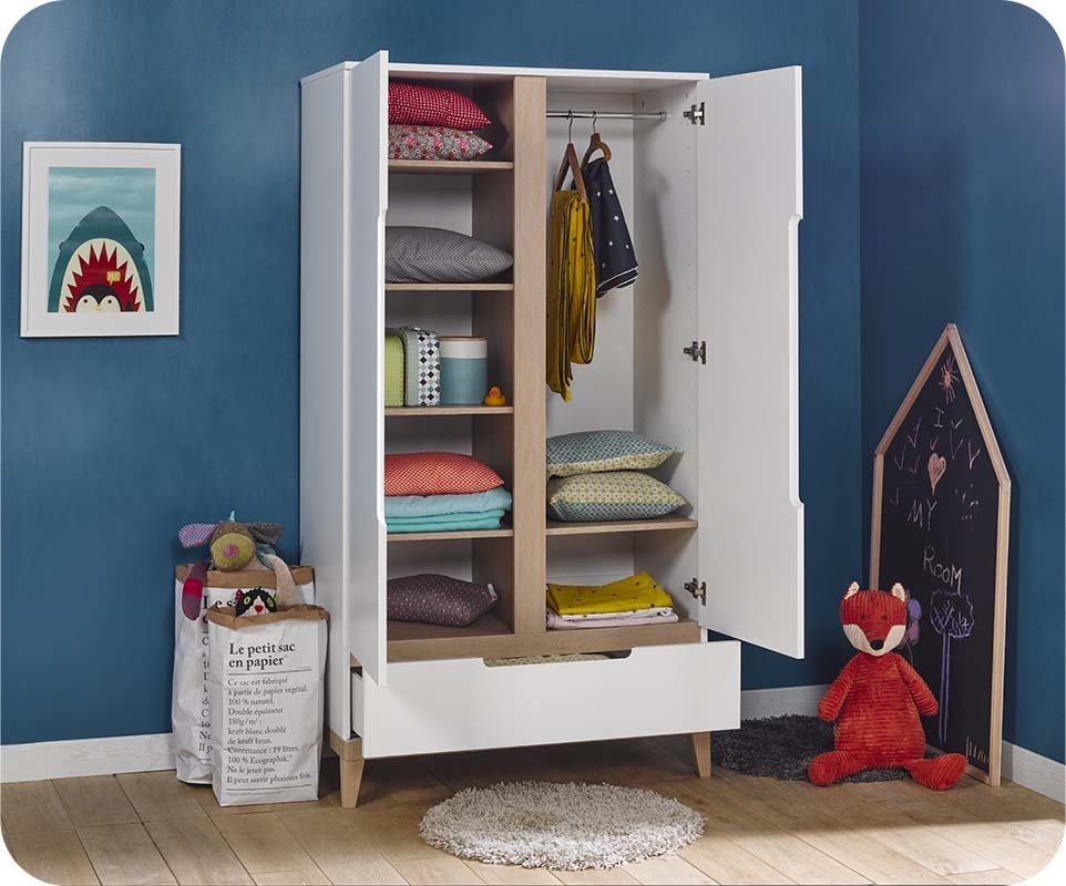 Chambre Enfant Riga Blanche et Bois Set de 4 Meubles