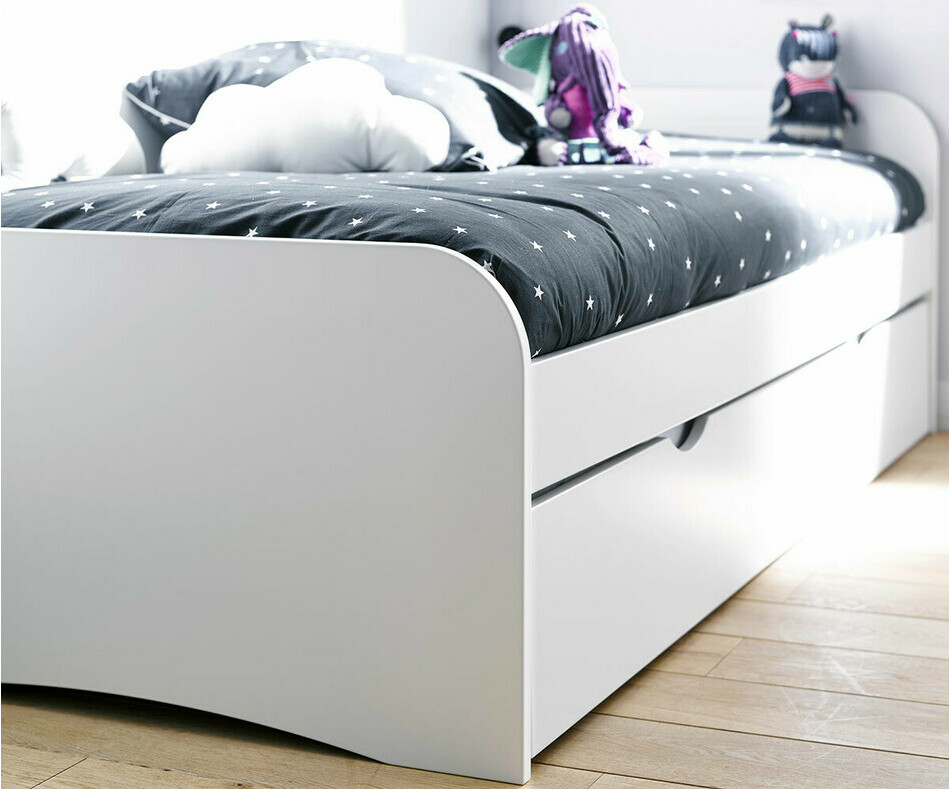 Pack Lit enfant Gigogne Twist Blanc 90x190 cm avec 2 matelas avec zoom sur le pied de lit.