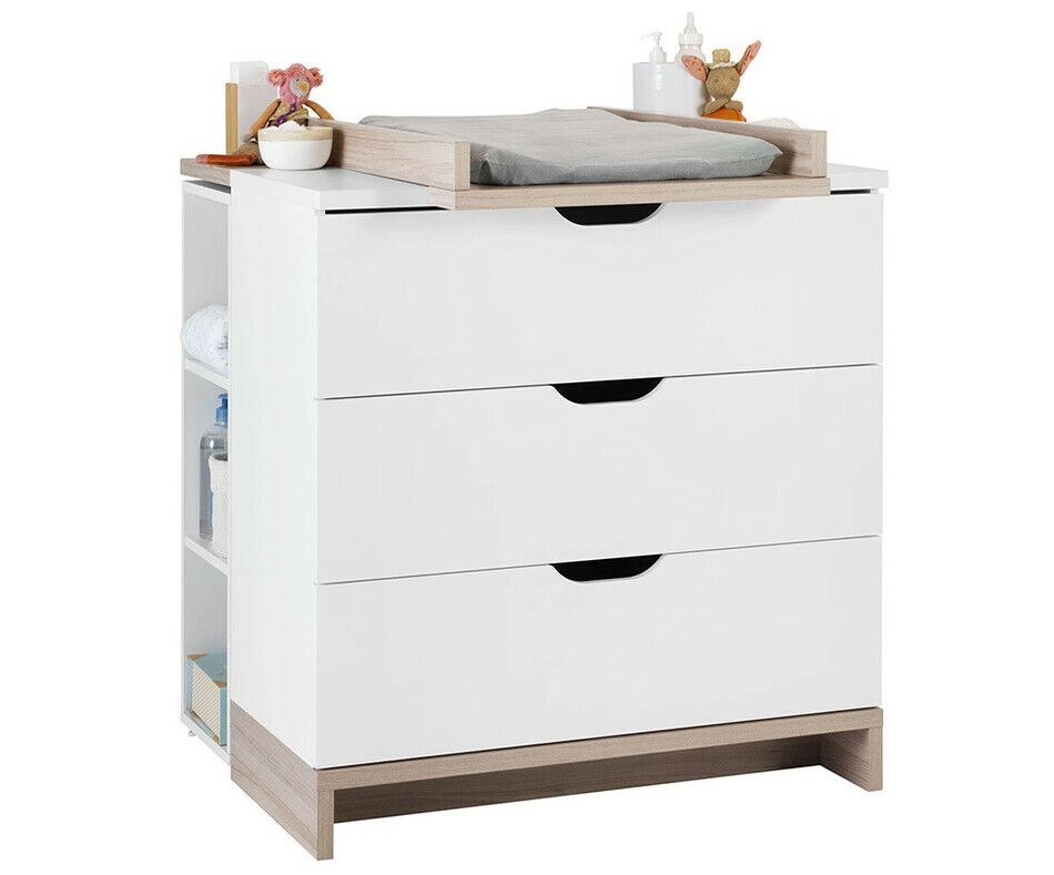 Commode Bb Plume Blanche et Bois avec bibliothque (en option)