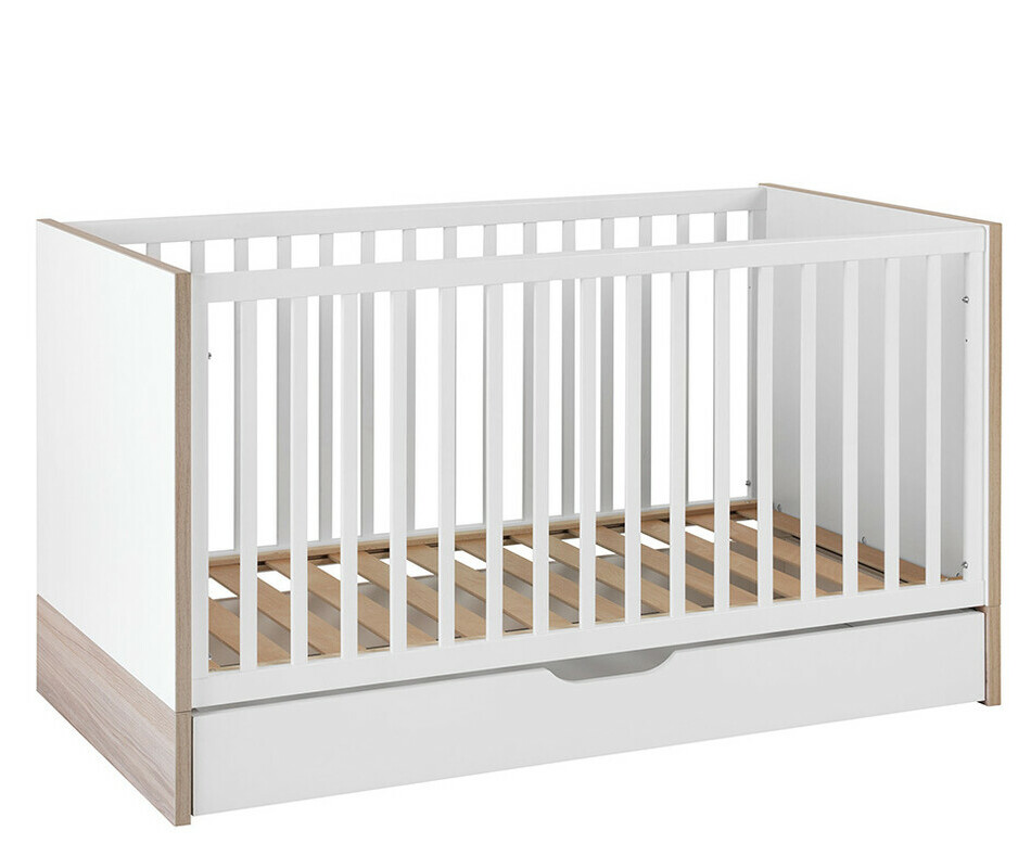 Lit bébé évolutif Plume bois et blanc 70x 140 cm avec tiroir de lit (en option)