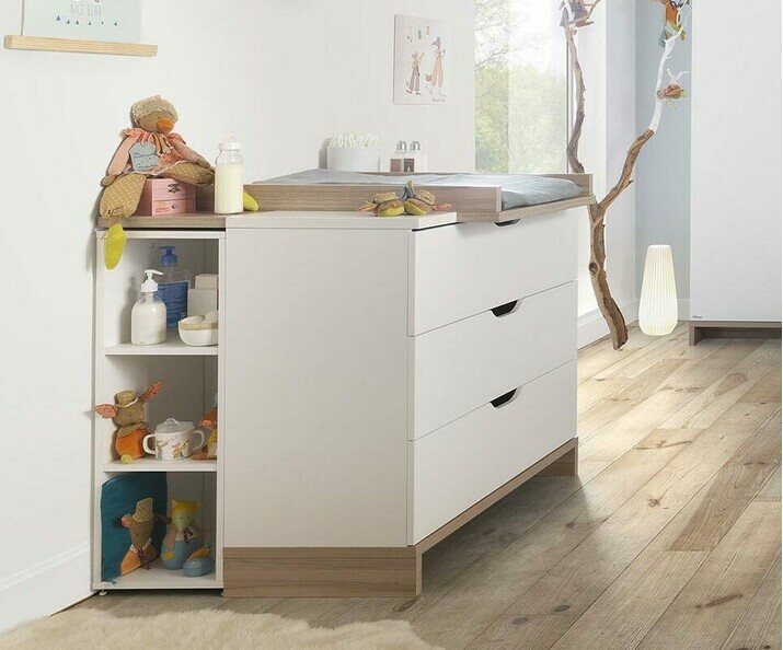 Commode Bb Plume Blanche et Bois avec bibliothque (en option)