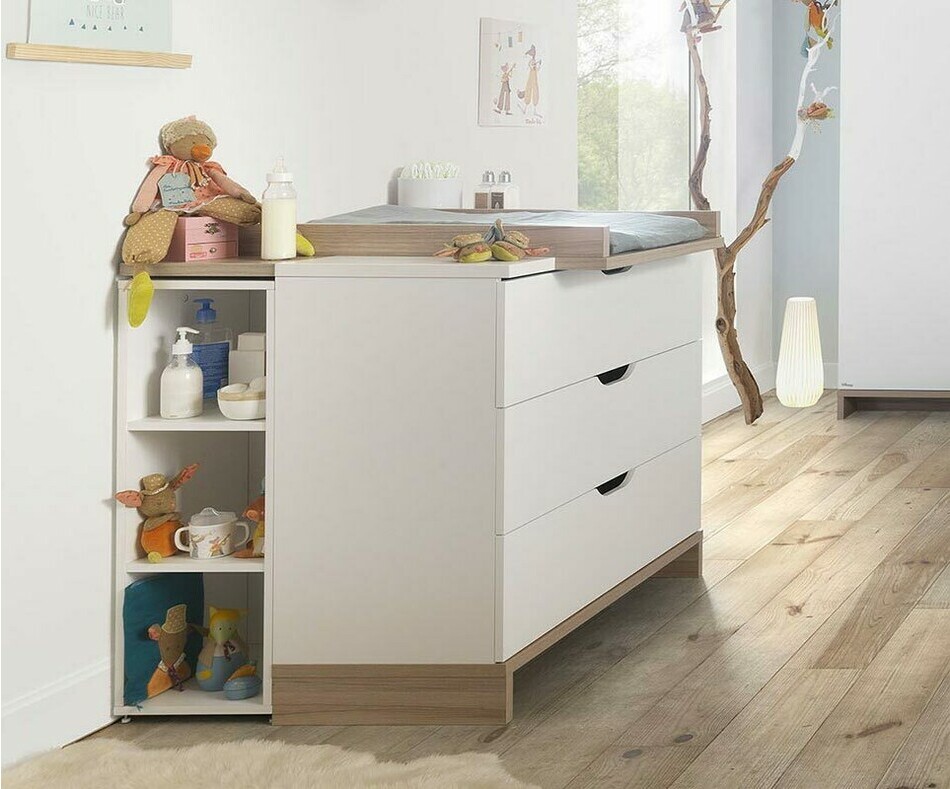 Commode Bb Plume Blanche et Bois avec bibliothque (en option)