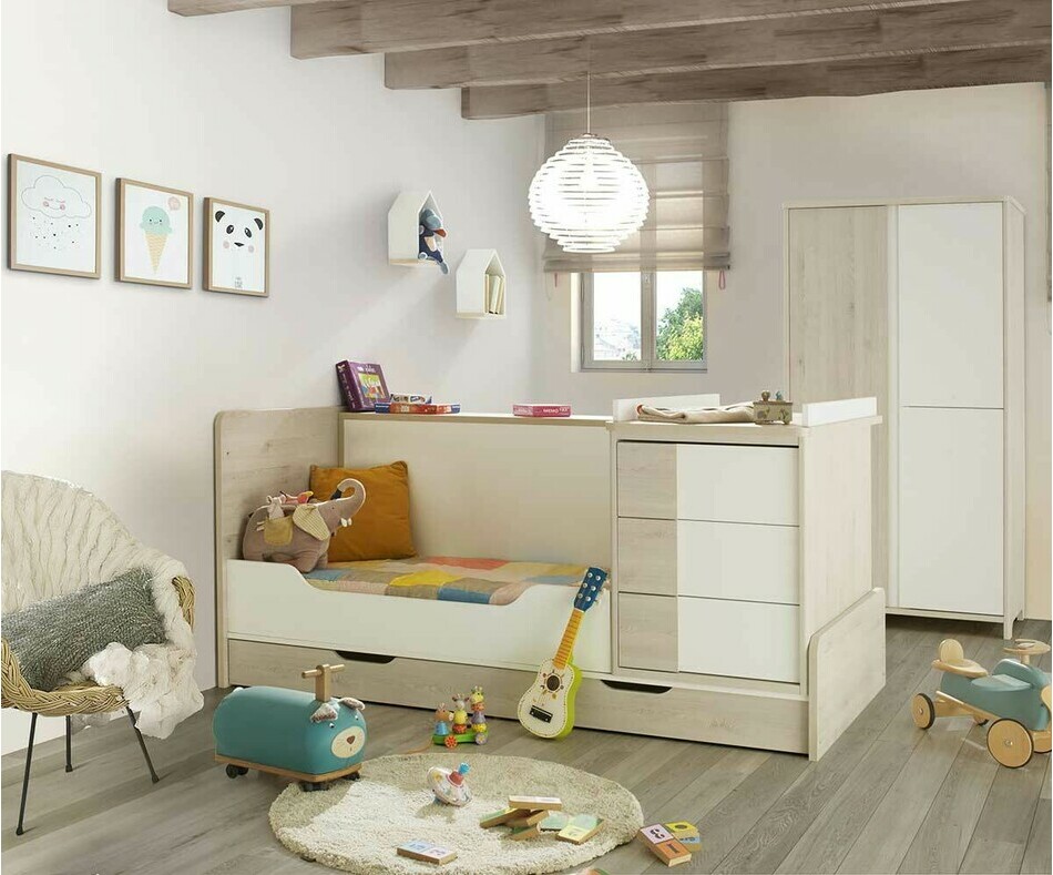 Chambre bb volutive Lili bois et blanche (lit bb banquette)