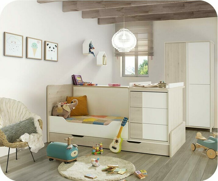 Chambre bb Lili bois et blanche - lit bb banquette- 