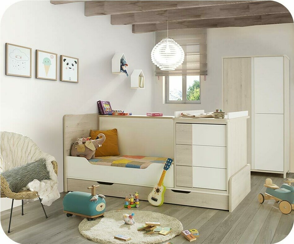 Chambre bb Lili bois et blanche - lit bb banquette- 