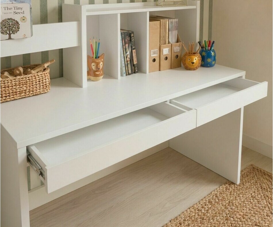 Bureau Iléo blanc avec tiroirs ouverts Bureau Iléo blanc avec tiroirs ouverts