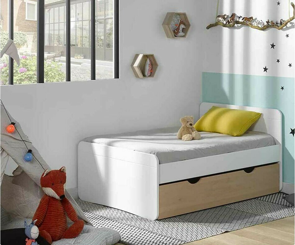 Lit Enfant volutif Willow 90x140 cm Blanc avec Tiroir de Lit Htre et Matelas