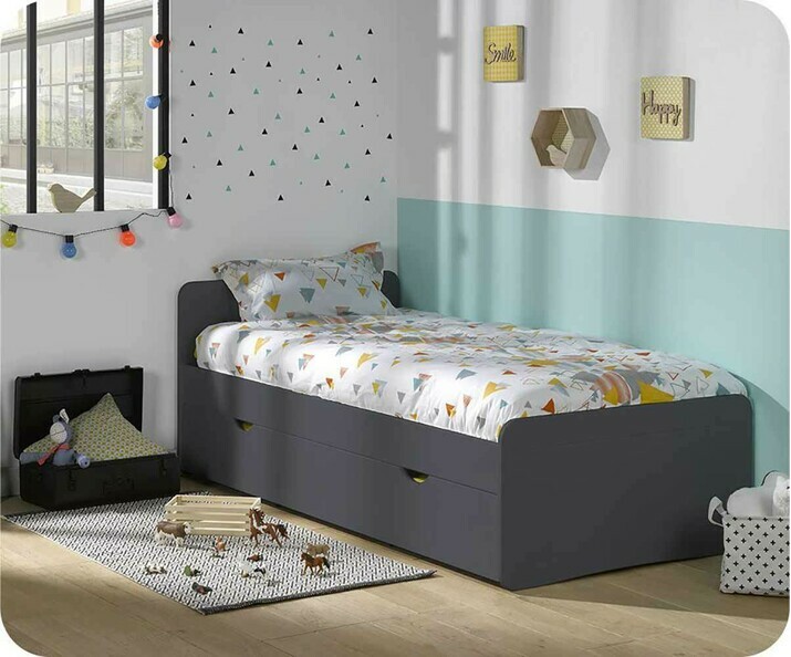 Pack Lit Enfant Willow Gris Anthracite avec Sommier et Matelas, tiroir en option