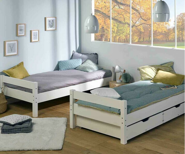 Pack Lit Enfant Superpos Wood Blanc avec 2 Matelas et Tiroirs Blanc