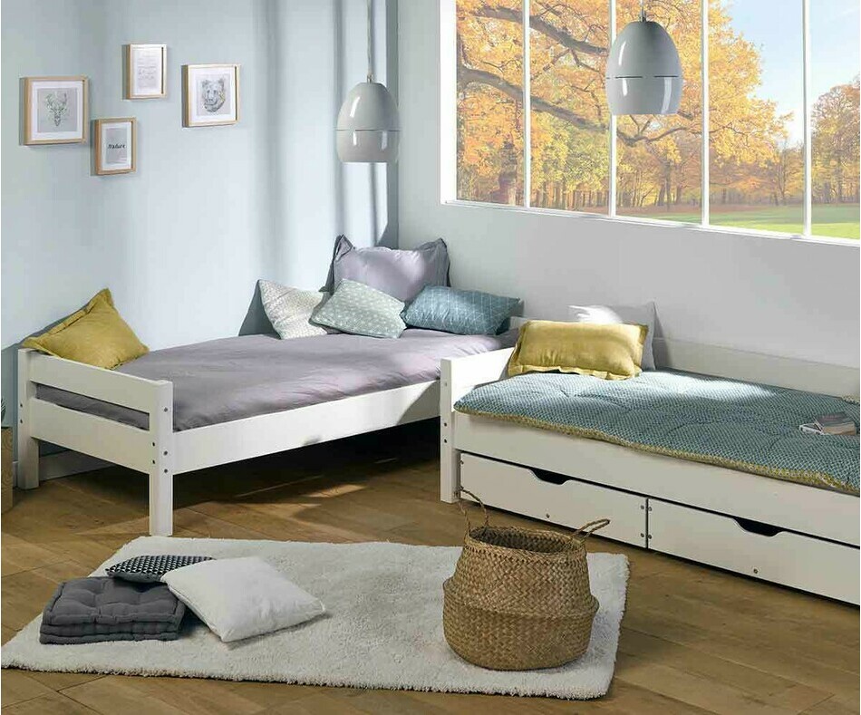 Pack Lit Enfant Superpos Wood Blanc avec 2 Matelas et Tiroirs Blanc