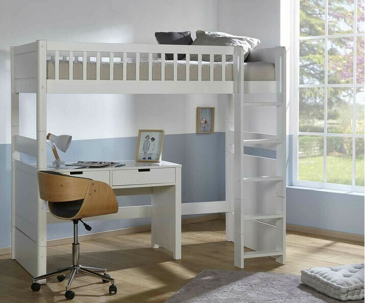 Lit mezzanine enfant volutif Rio couchage haut avec bureau et chaises 