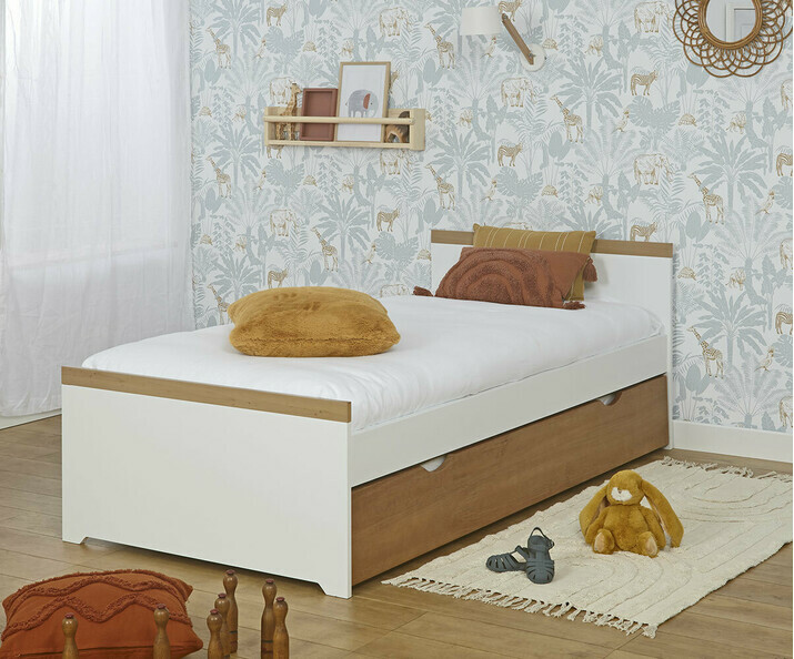 Chambre enfant avec lit Jaipur blanc et bois avec tiroir en option