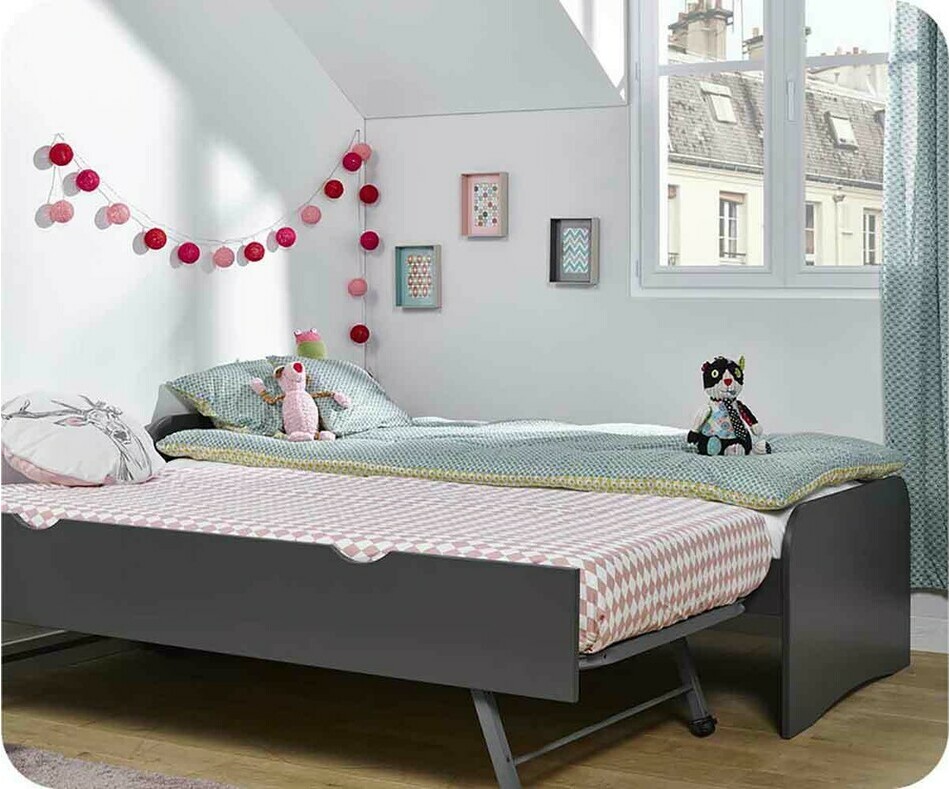 Lit enfant Twist gris anthracite sommier gigogne déplié Lit enfant Twist gris anthracite sommier gigogne déplié