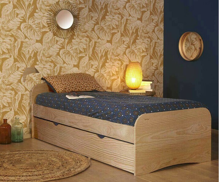 Lit Gigogne Twist Bois naturel avec 2 matelas