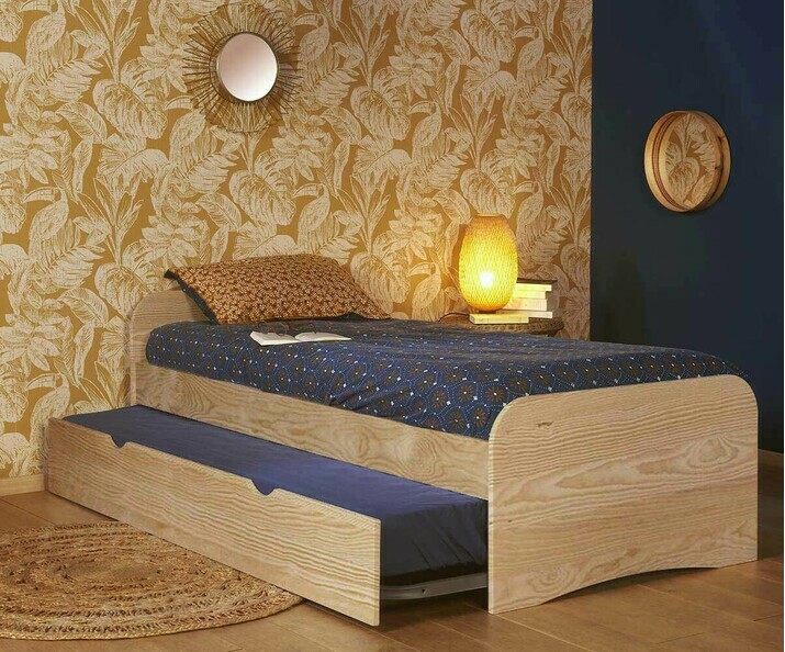 Lit Gigogne Twist Bois naturel avec 2 matelas