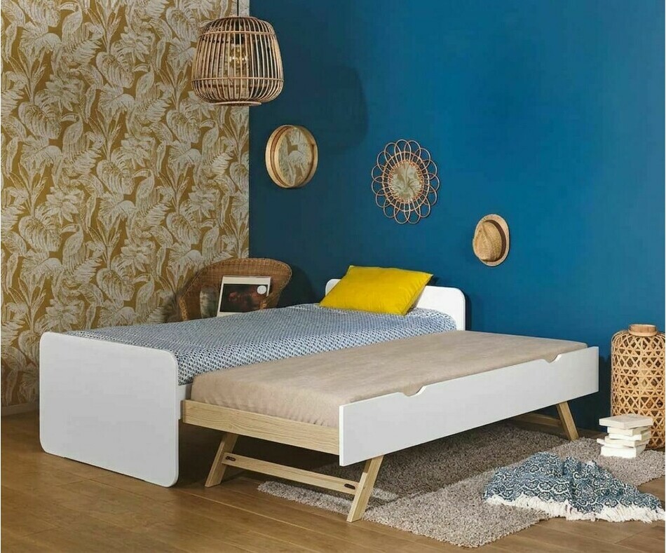 Lit Lemon gigogne avec sommier gigogne d�pli� en bois massif