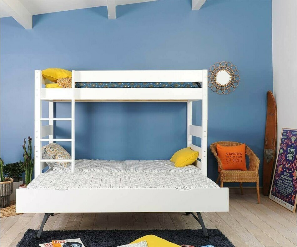 Lit superposé Kids blanc avec sommier gigogne déplié Lit superposé Kids blanc avec sommier gigogne déplié