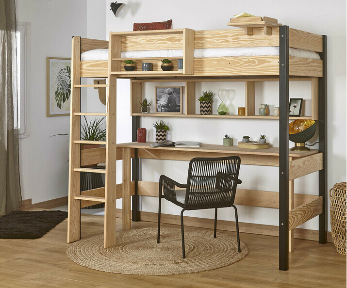 Lit mezzanine ado Clay bicolore noir et bois avec bureau et rangements en option