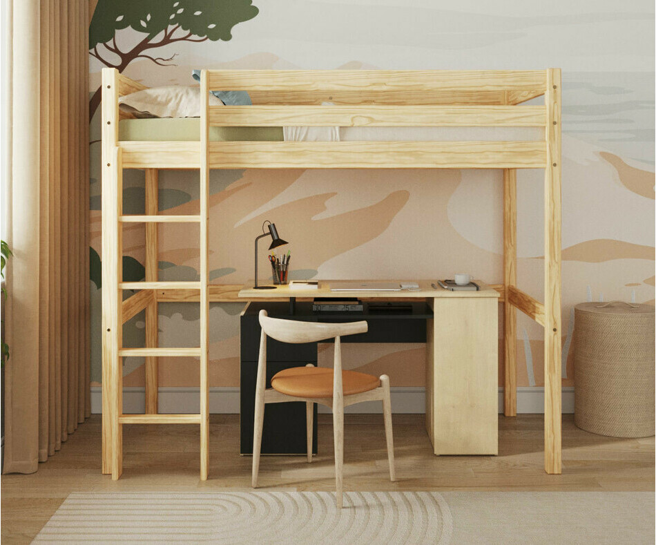 Lit adulte Mezzanine Cargo en bois massif naturel