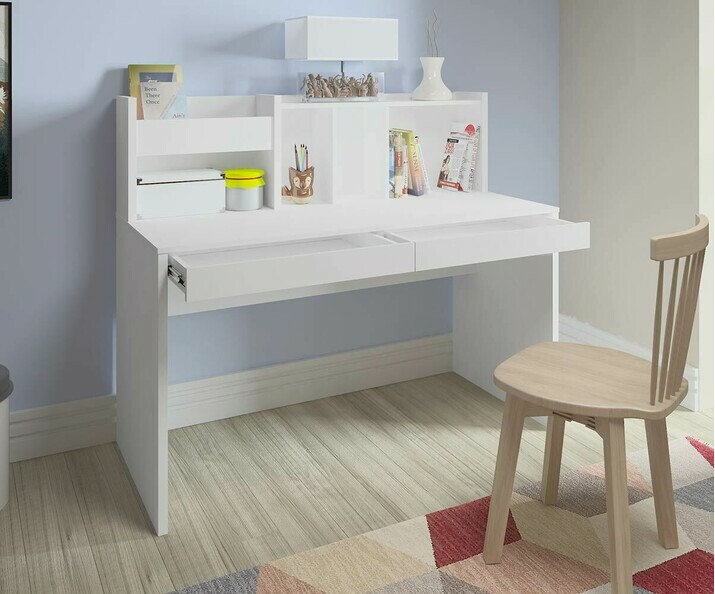 Bureau ado Ilo blanc avec rangements et tiroirs ouverts