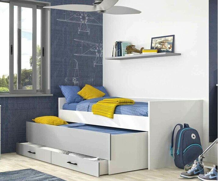 Lit ado gigogne avec rangements et 2 matelas - Ezio