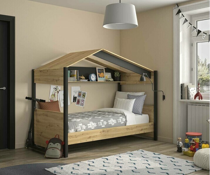 Lit cabane bois et noir avec matelas -Popi