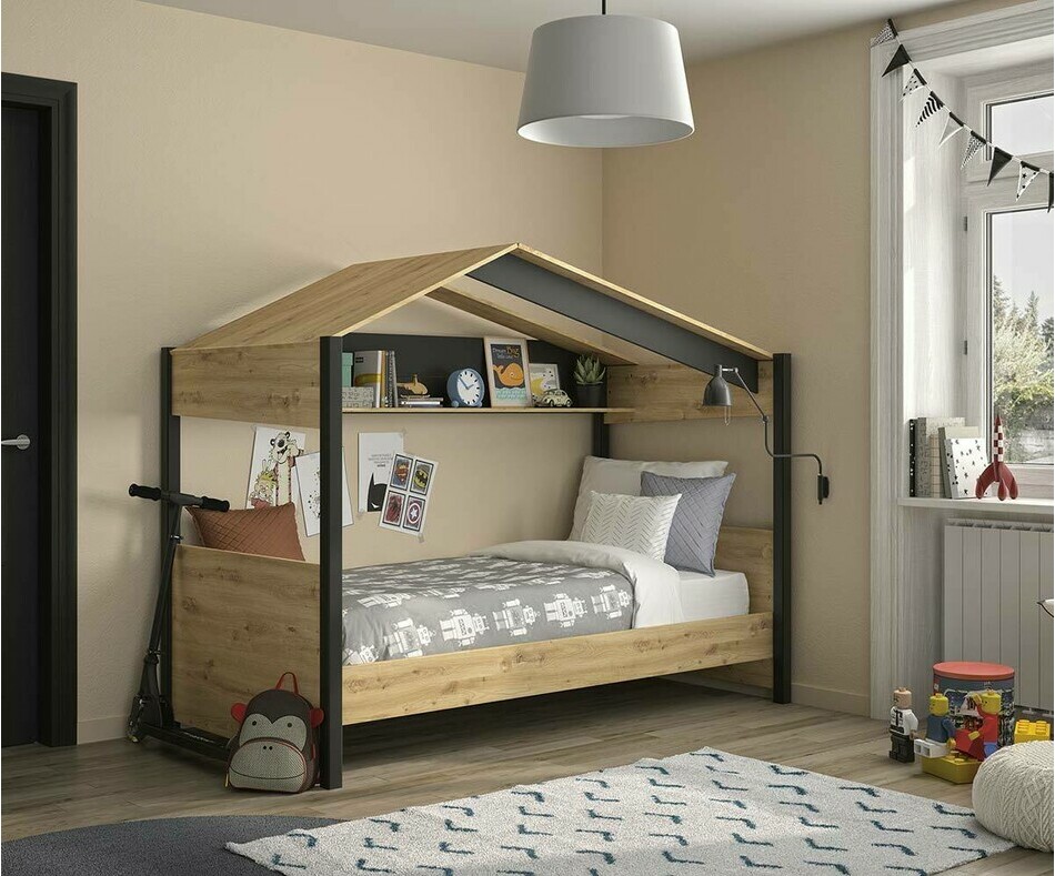 Lit cabane bois et noir avec matelas -Popi