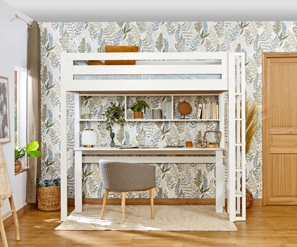 Lit mezzanine ado - Cancn blanc avec bureau et rangements en option