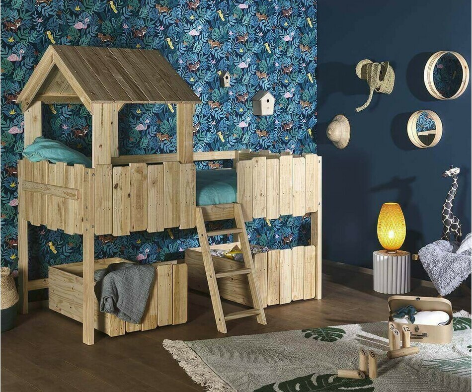 Lit cabane Swam brut avec tiroirs de lit