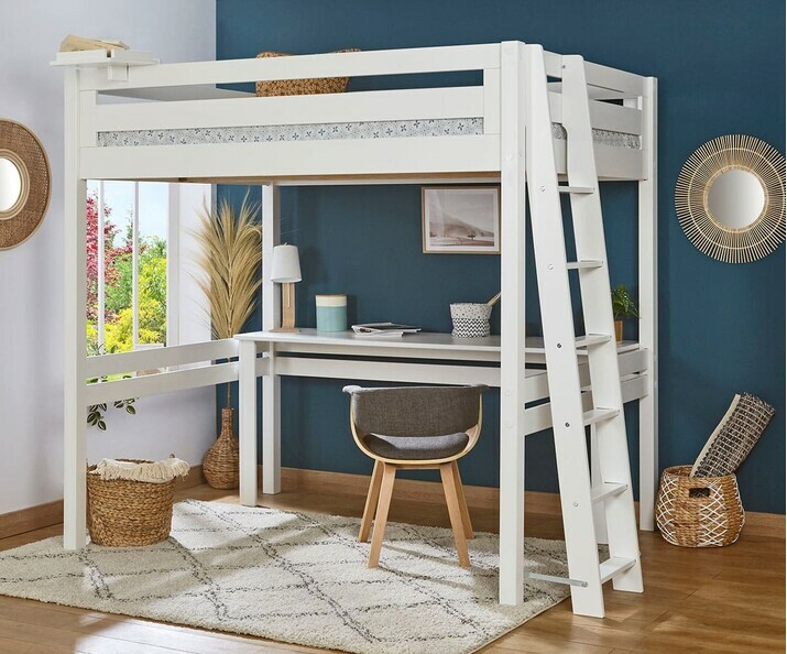 Lit mezzanine enfant 2 places Fynn blanc (bureau en option)