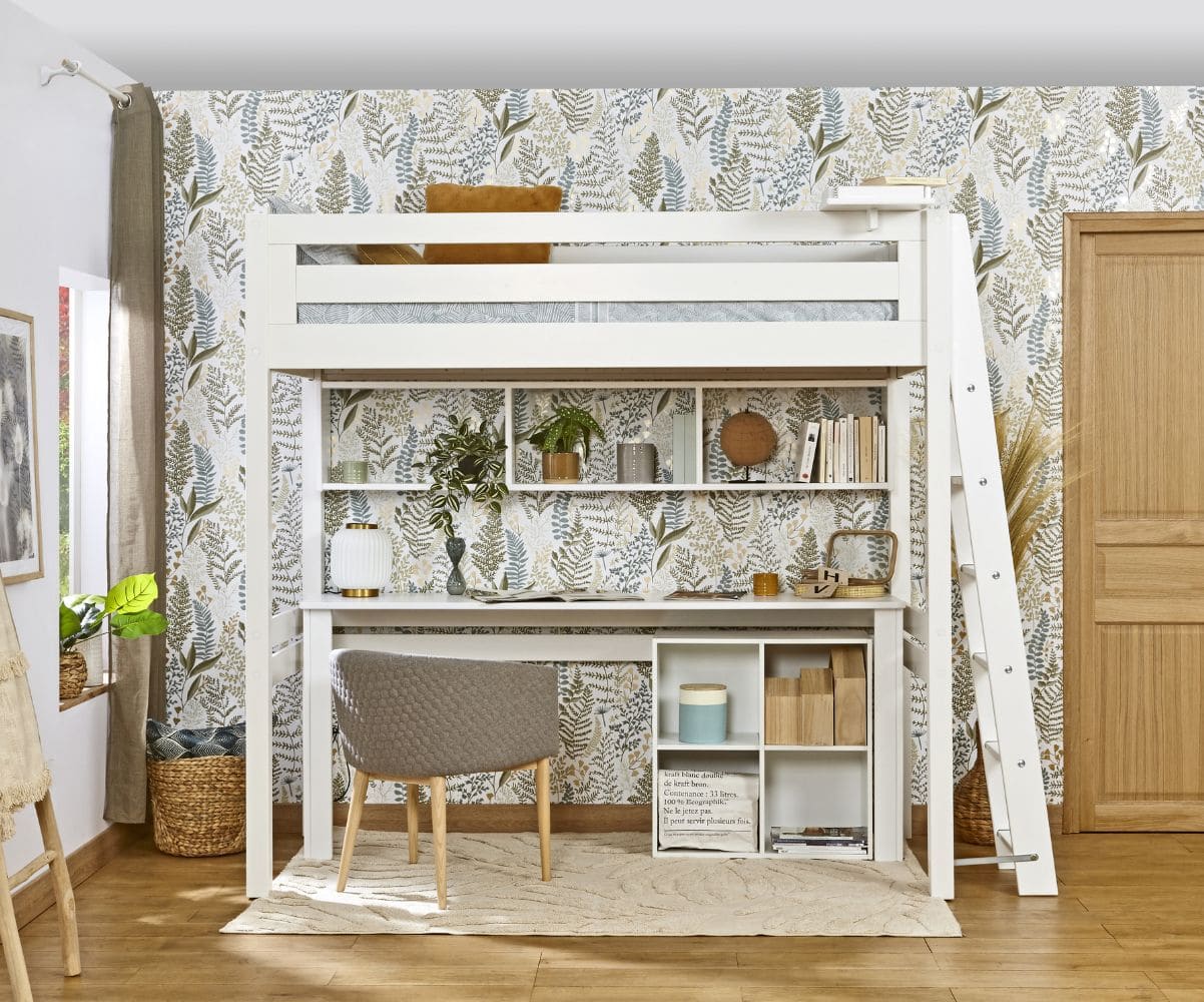 Lit mezzanine enfant Fynn blanc chelle petit ct (bureau et rangements en option)