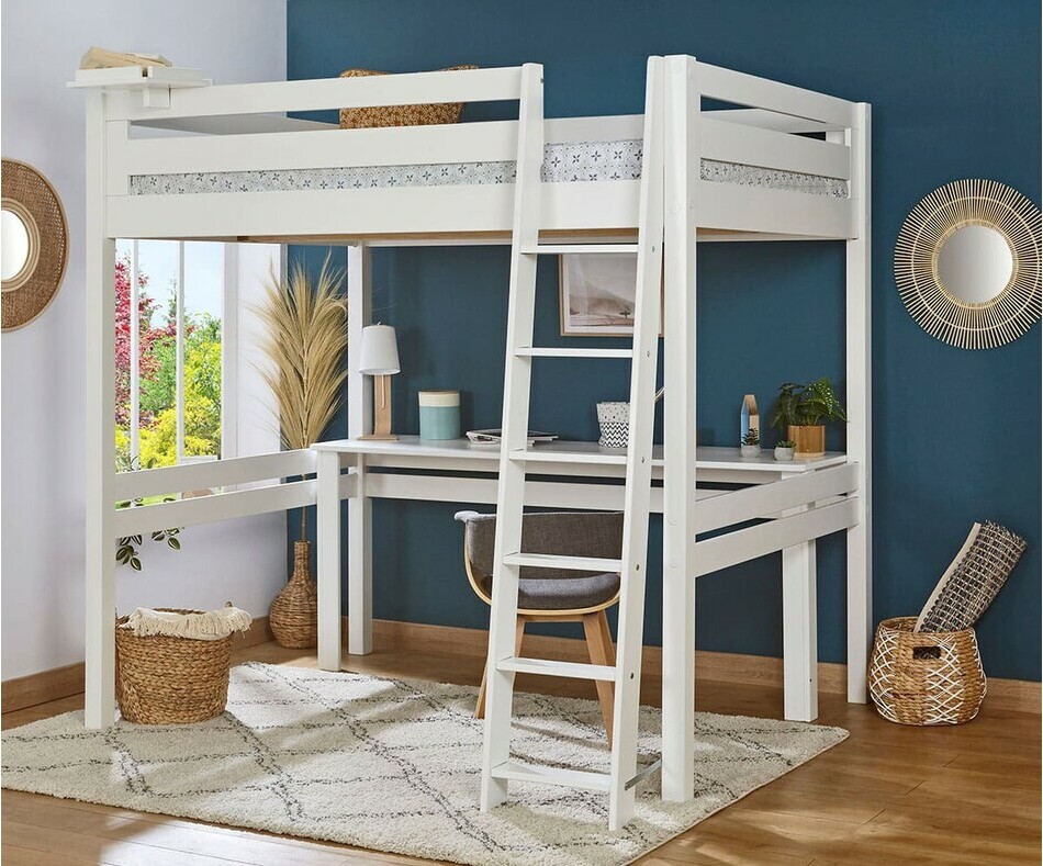 Lit mezzanine enfant 2 places Fynn blanc (bureau en option), chelle grand ct