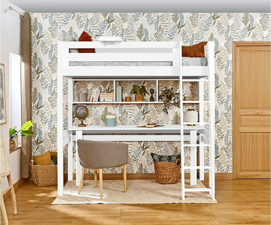Lit mezzanine Fynn blanc avec chelle sur la longueur (bureau et rangements en option)