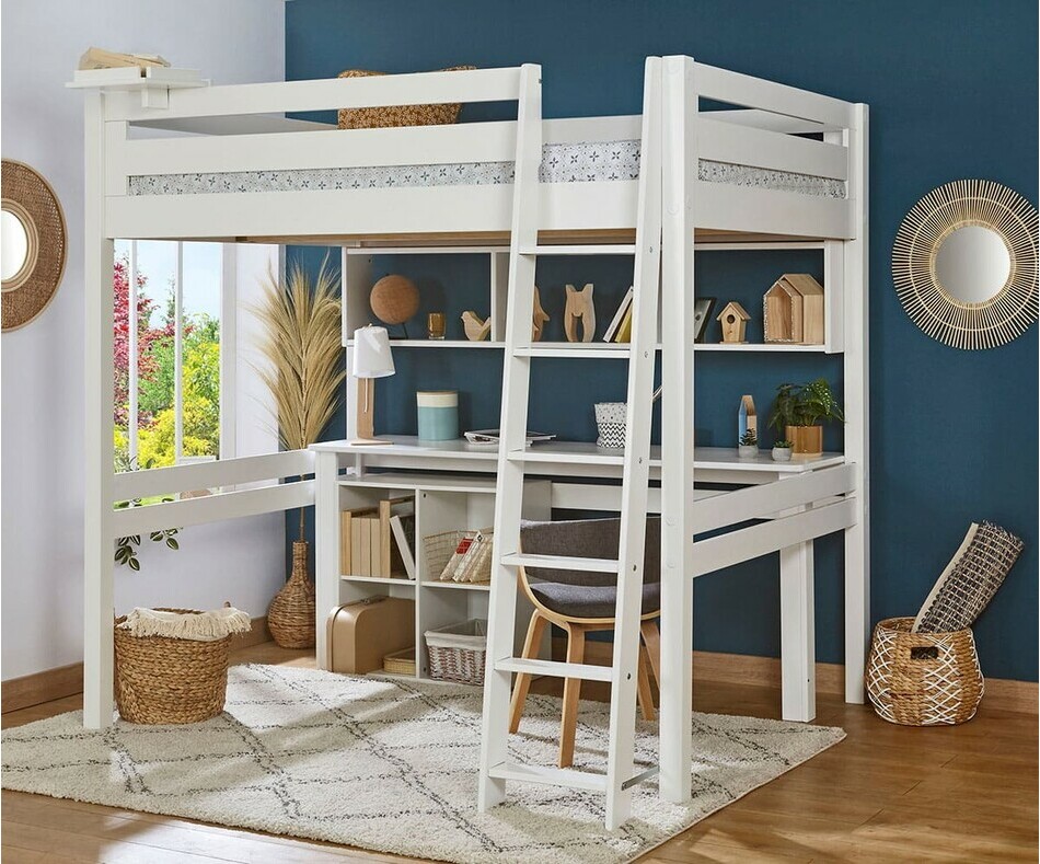 Lit mezzanine adulte 2 places Fynn blanc (bureau et rangement en option), chelle grand ct