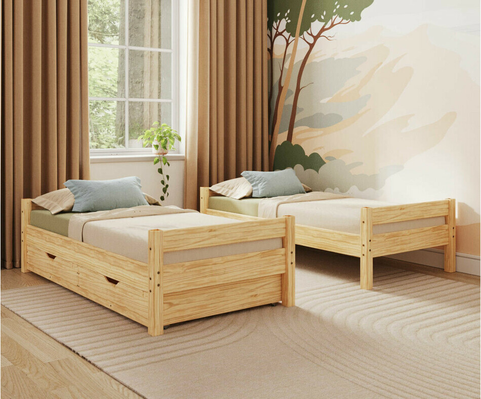 Lit superpos� enfant Wood bois naturel avec sommier gigogne - lits s�par�s