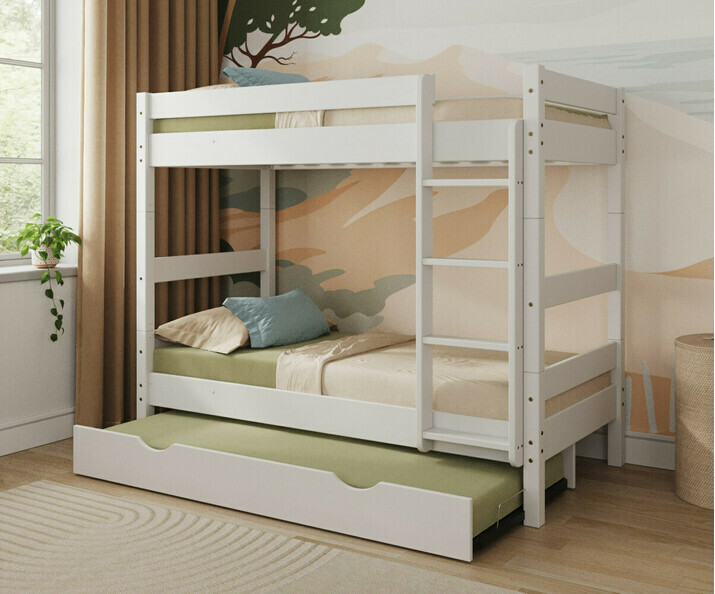 Lit superposé adulte Wood blanc avec sommier gigogne gain de place Lit superposé adulte Wood blanc avec sommier gigogne gain de place