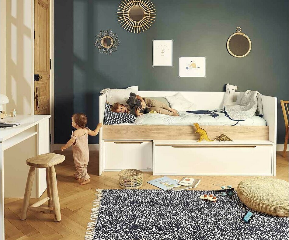 Lit banquette bois et blanc avec tiroirs