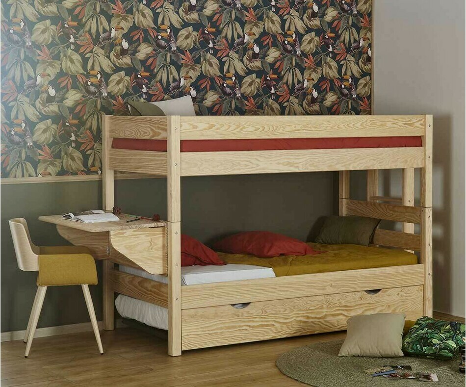 Lit superpos bas Kids en bois naturel avec sommier gigogne en option